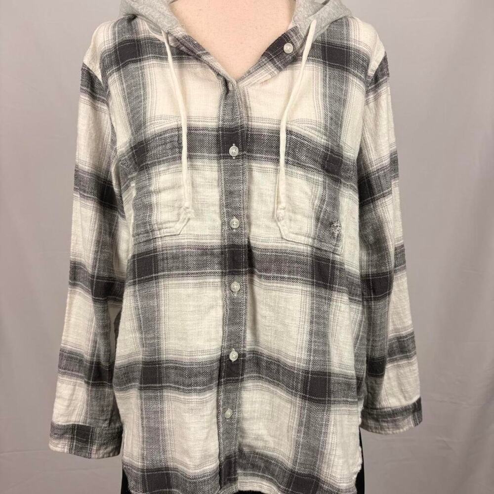 American Eagle Plaid Hooded Flannel Shirt | Gray & Cream Button Up | Size M